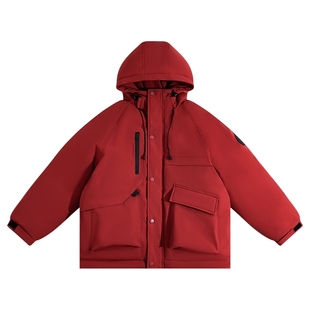 男童冬装新年红色冲锋衣工装棉服2025新款儿童加厚拜年服连帽外套