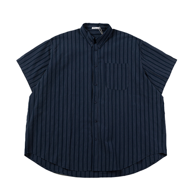 竖条纹衬衫扣领复古工装