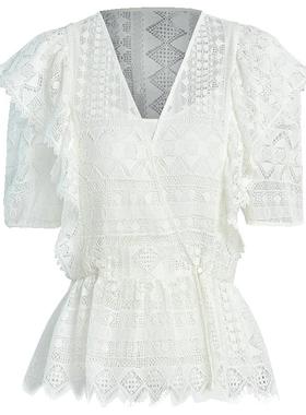 商场同款迪赛尼斯通勤夏季新款时尚气质白色收腰气质优雅蕾丝衫女