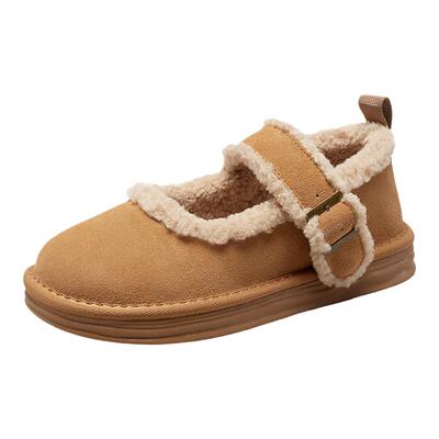 YRC加绒玛丽珍鞋女一字带冬季棉鞋复古百搭雪地靴勃肯毛毛鞋