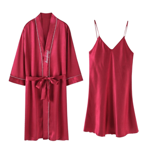 结婚红色新婚本命年女婚庆真丝睡衣性感蕾丝春夏天睡裙睡袍两件套
