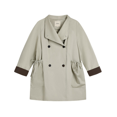 CROWNLESS未冕时装风丝光斜纹棉 两穿贝果领撞色翻折袖抽绳腰风衣