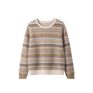 复古费尔岛！重工提花羊绒衫女圆领纯羊绒毛衣针织衫中主端宽松厚