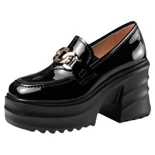 新款漆皮厚底小皮鞋女小个子增高春秋粗跟超高跟单鞋松糕底乐福鞋