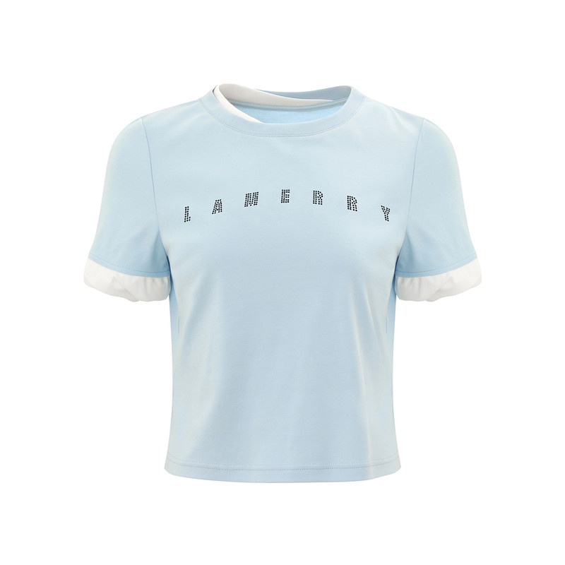 LAMERRY/朗美睿26春夏白色/蓝色T恤撞色字母短款女显高烫钻百搭