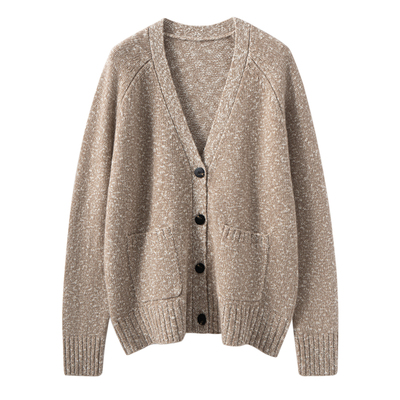 篙精系列~邓肯大肚花纱女V领山羊绒衫开衫带兜秋冬新款减龄外套