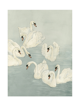 中古风优雅天鹅艺术海报法式奶油风兰花装饰画未装裱卧室挂画画芯