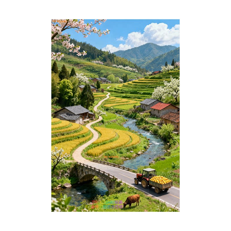 新中式小桥流水人家乡村田园风景画卧室门贴宿舍门贴山水画竖款