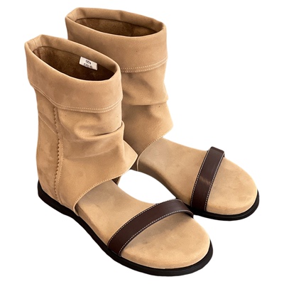 复古一字带高筒骑士靴女2026新款夏季时尚圆头堆堆靴凉鞋