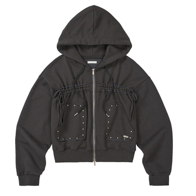 ILLIGO 25冬新款压褶系带铆钉连帽卫衣拉链外套帽衫韩国代购