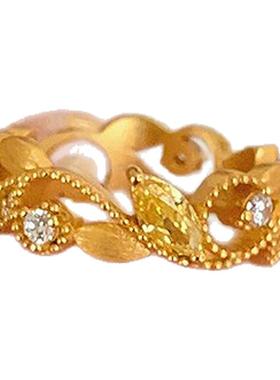 PURE金枝玉叶戒指女小众设计黄水晶招财微镶钻重工指环轻奢食指戒