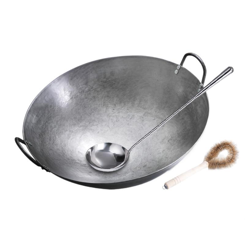 手工双耳铁锅炒锅炒菜锅厨师边锅食堂餐馆章丘熟铁锅马勺炒勺