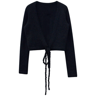 v领收腰系带黑色针织衫上衣女新