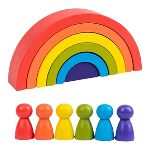 趣味彩虹积木房子堆塔七彩半圆小人叠叠乐木制儿童益智拼搭玩具