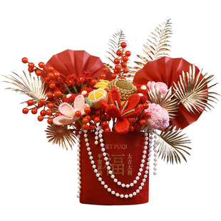 新年装饰福桶插花摆件针织向日葵玫瑰春节过年布置品乔迁新居礼物