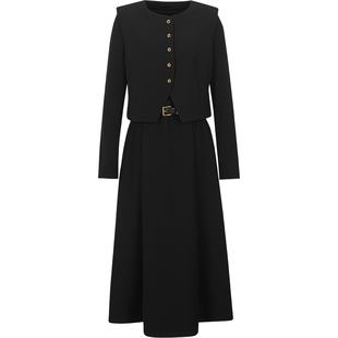 衣香丽影2025秋冬装新款黑色赫本风马甲短外套连衣裙套装女两件套