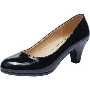 黑色漆皮高跟鞋亮面女鞋礼仪学生比赛皮鞋浅口正装工鞋面试女单鞋