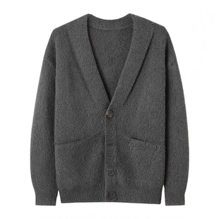 V37深灰色开衫毛衣男春季高街慵懒风宽松休闲简约情侣针织衫外套