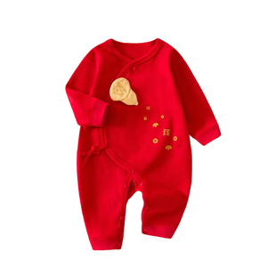 新生婴儿衣服秋季连体衣a类纯棉0到3个月宝宝秋冬满月哈衣喜庆红9