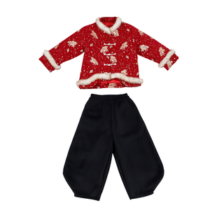 儿童汉服新中式喜庆红色拜年服男女童加绒唐装宝宝元旦古风演出服