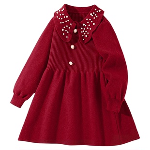 真维斯童装女童秋冬款连衣裙儿童红色新年款毛衣裙女大童冬季裙子