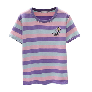 纯棉条纹短袖t恤女夏装2026新款宽松显瘦遮肚子休闲刺绣体恤上衣