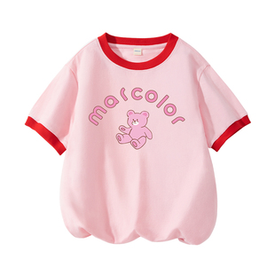 马卡乐童装女童短袖t恤夏季夏款2026新款儿童纯棉上衣透气撞色款