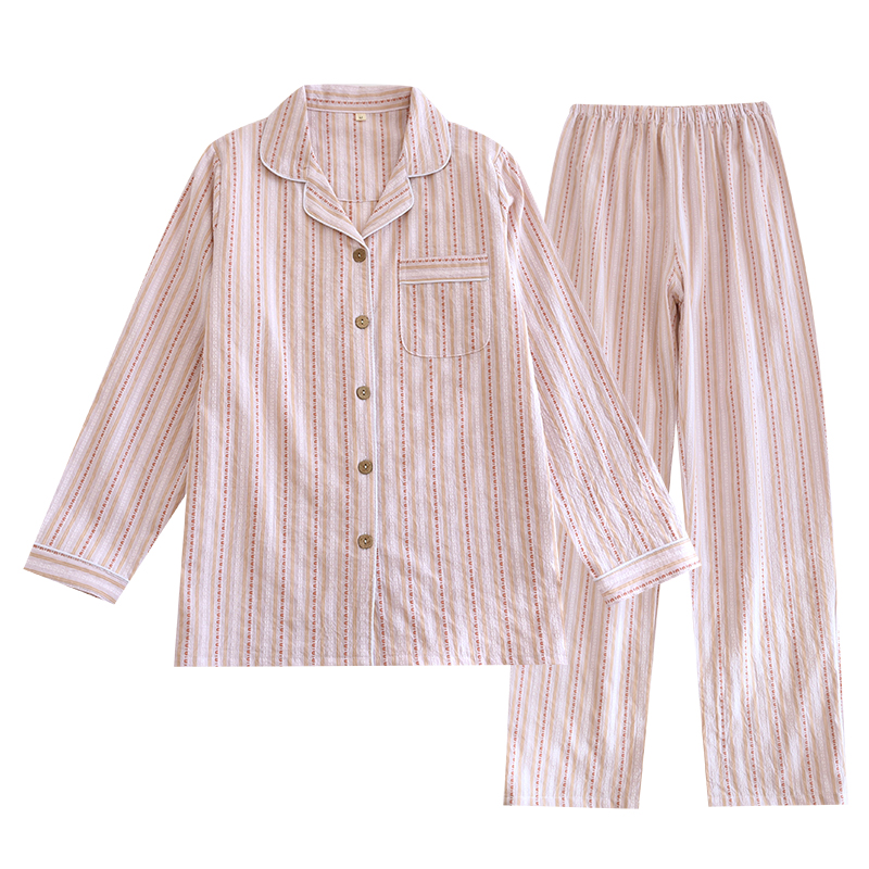 情侣睡衣春秋纯棉女长袖套装条纹日系大码2025新款全棉男士家居服