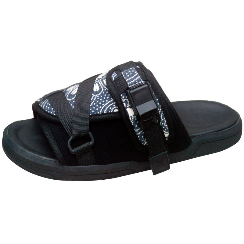 visvim cantq23SS黑蓝古布拼接真皮防臭陈冠希拖鞋厚底复古一字拖