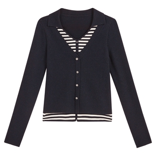 YINER音儿专选2025冬季新款羊毛混纺假两件V翻领撞色条纹针织衫