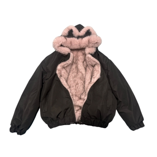 座山雕甜美连帽保暖两面穿外套女秋冬新款宽松加厚毛毛绒保暖防水