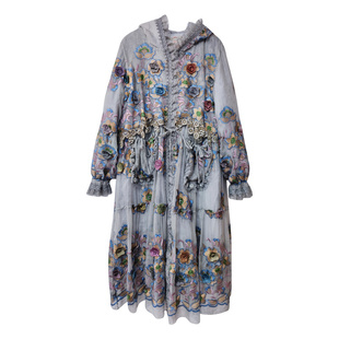 虫音桑蚕丝棉服女刺绣高级灰色耐脏假两件遮肚显瘦中长款棉衣