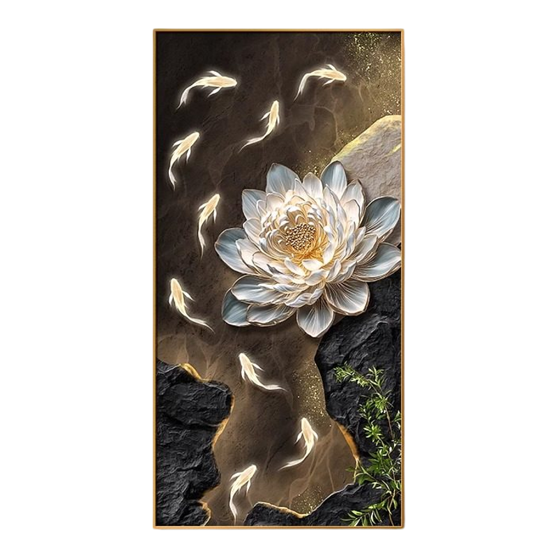 和气生财玄关装饰画轻奢九鱼图入户带灯壁画高档荷花走廊过道挂画