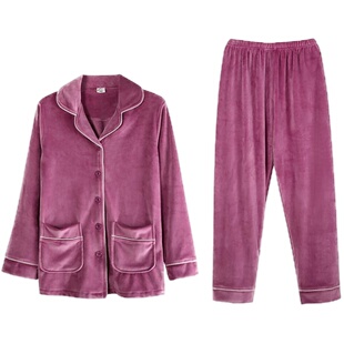睡衣女士春秋季珊瑚绒长袖薄款保暖套装秋冬加厚海岛绒大码家居服