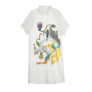 谜底印花衬衫裙短袖女2025夏季新款复古文艺条纹连衣裙256ML6239