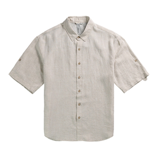 日系复古轻薄透气亚麻短袖衬衫男夏季潮流新款简约翻领单排扣上衣