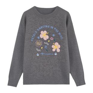 采多宝大码女装圆领立体绣花毛衣胖mm田园风花朵宽松梨型上衣