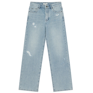 【春夏甄选】Hazzys哈吉斯牛仔裤女破洞休闲通勤直筒裤宽松长裤潮