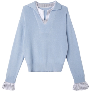 德玛纳舒柔淡人V字翻领针织衫女26春季新款条纹拼接气质线衫上衣