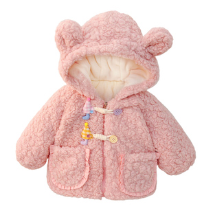 女童冬季加绒外套洋气婴儿摇粒绒加厚上衣保暖连帽棉服宝宝毛毛衣