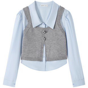 慕兔法式针织马甲长袖衬衫两件套女2026春季新款叠穿背心上衣套装