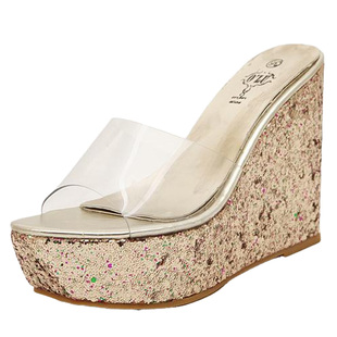 新款12CM坡跟超高跟凉鞋女韩国名媛夏季性感透明露趾水晶跟凉拖鞋