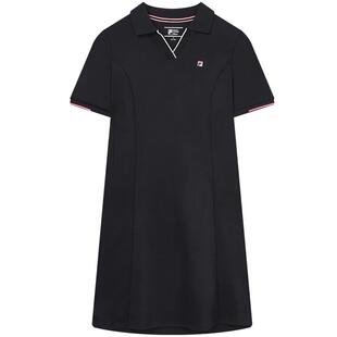 FILA 斐乐官方女士针织连衣裙2023秋简约V翻领短袖休闲运动裙