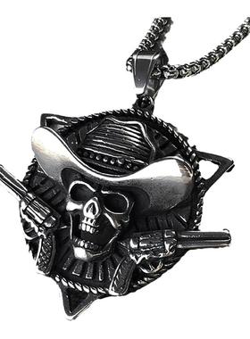 美国西部牛仔骷髅双枪吊坠钛钢男