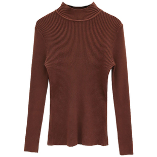 2025秋冬新款半高领螺纹打底衫女韩版紧身针织衫内搭毛衣黑色上衣