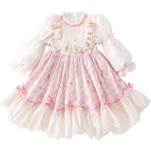 米米哈罗女童公主裙春装2026新款洋气儿童碎花洛丽塔泡泡袖连衣裙