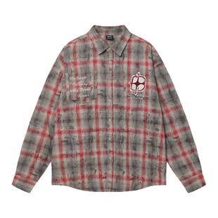 BIPOLAR 毛边贴布绣格子衬衫长袖衬衣男女同款美式重磅复古国潮牌