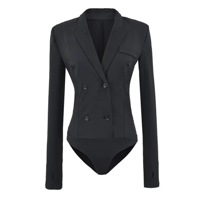 时尚修身弹力西装领拼接连裆T恤