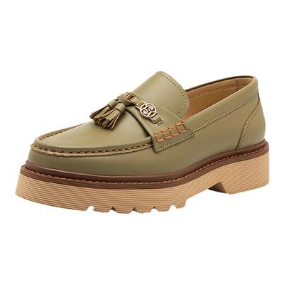 皮尔卡丹粗跟套脚流苏真皮乐福鞋