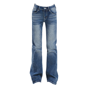 设计感2026年新款美式复古洗水猫须窄版低腰弹力直筒微喇牛仔裤女